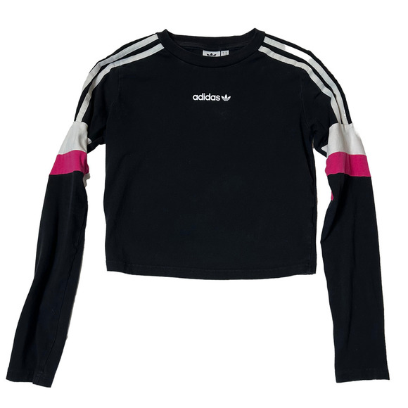 Adidas Long Sleeve Black Crop Top with White & Pink Stripes size Medium - Picture 1 of 3